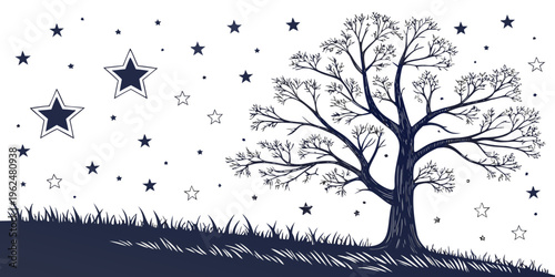 A serene night landscape with a solitary tree under a starry sky and distant hills