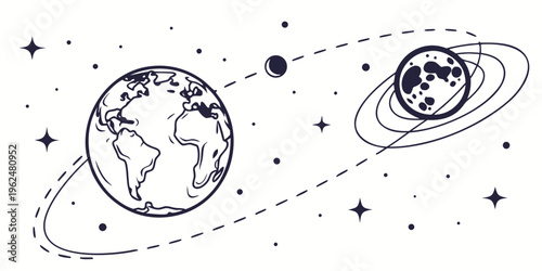 Two planets orbiting around a star in a solar system with a black hole nearby.