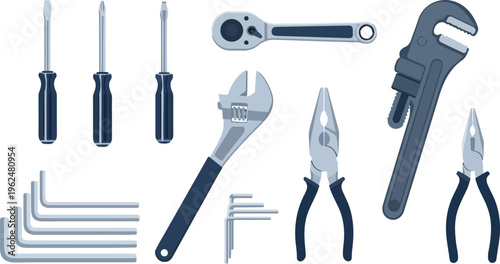 Set of various hand tools isolated on transparent background flat lay collection of home improvement maintenance equipment.