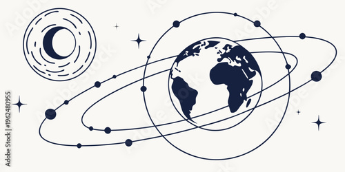 Celestial bodies orbiting around the earth in a blue and white illustration.