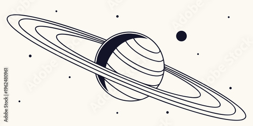 A detailed illustration of the planet saturn with its prominent rings and a moon