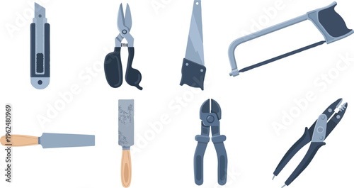 Set of various cutting and shaping tools isolated on transparent background flat lay collection of carpentry equipment.