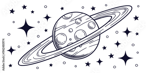 A detailed black and white illustration of a planet with rings and stars in the background.