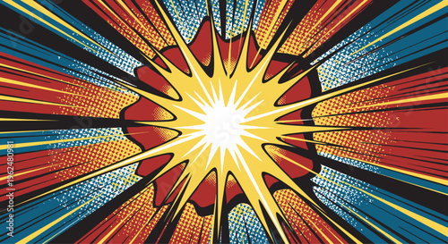 Vibrant comic book style explosion of colorful energy beams radiating from a bright yellow center