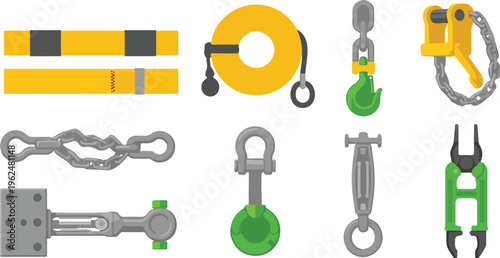 Various lifting and rigging equipment collection isolated on transparent background for industrial heavy duty operations.