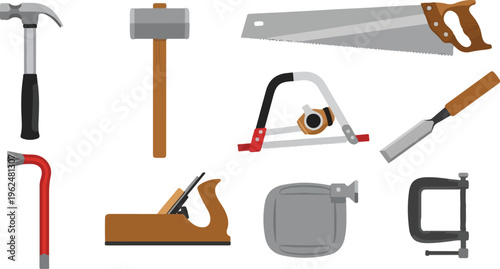 Woodworking hand tools collection with saw hammer plane chisel and clamp for carpentry and home renovation projects set.