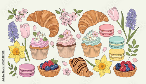 easter eggs and flowers foods icon cake, cupcake, vector, dessert, chocolate, sweet, food, birthday, muffin, cream, 