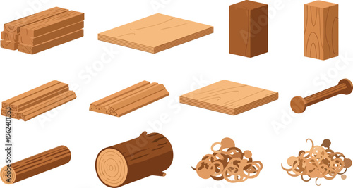 Wood materials and lumber in isometric view showing logs beams planks and wood shavings for construction and carpentry.