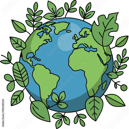 green earth with leaves planet earth  globe, world, leaf, green, nature, planet, eco, map, ecology, plant, vector,