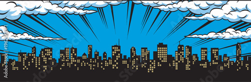 Vibrant comic cityscape with towering skyscrapers and radiant sunlight