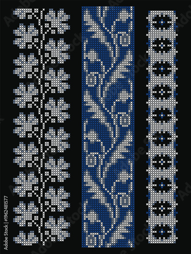 Ukrainian Cross-Stitch Folk Set Blue Black Background