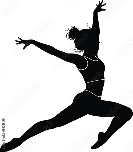 Dynamic dancer silhouette vector illustration showing athletic leap pose with raised arms, extended legs, motion, grace, gymnastics design concept.