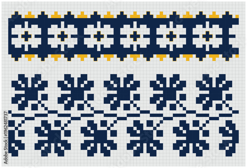 Pixel Blue Yellow Floral Ukrainian Folk Patterns