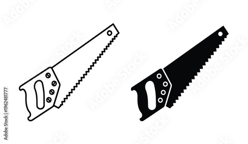 Silhouette of two handsaws with serrated blades and handles