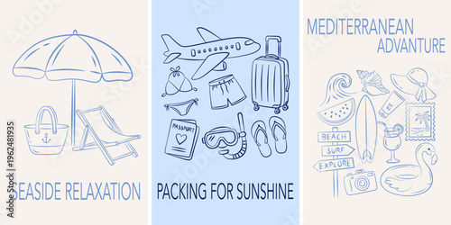 Hand-Drawn Summer Beach and Travel Line Art Posters. Hand drawn sketch style vector illustration. Mediterranean vacation