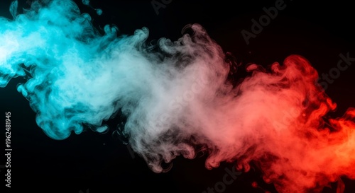 Colorful smoke, blue, white, and red fog, abstract background, vibrant mist