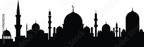 Islamic architecture silhouettes, mosque domes, minarets skyline, cultural religious vector icons, black silhouette illustration, Islamic cityscape design, heritage architecture graphic