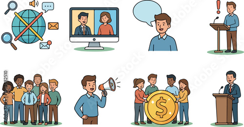 Business communication and teamwork vector illustration set with presentation, video call, public speaking, collaboration, marketing, and global connection concepts
