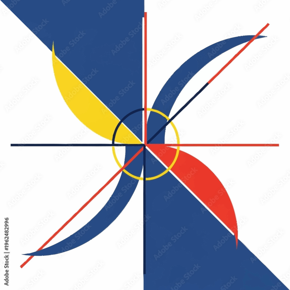 Obraz premium Abstract geometric design with swirling blue, yellow, and red elements forming a pinwheel or compass rose motif.