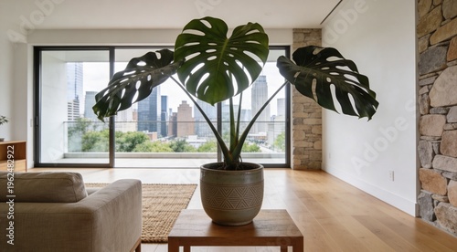 Ultra-realistic Japandi Living Room Interior with Single Monstera Plant in Ceramic Pot and Urban Landscape View, Modern Architectural Design Featuring Geometric Lines