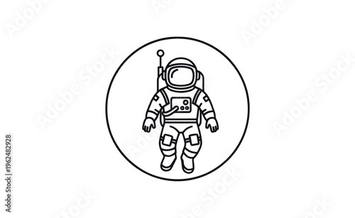 A black and white illustration of an astronaut in a spacesuit within a circle