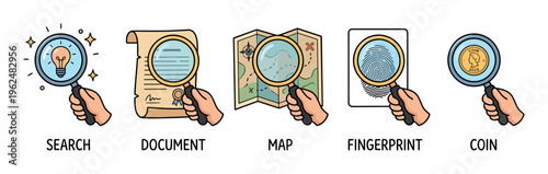 Magnifying glasses held by hands examining various items like documents, maps, fingerprints, and coins, symbolizing detailed investigation and discovery.