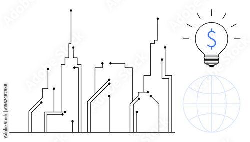Smart cities, innovation, digital economy, energy solutions, global technology, finance. Modern city skyline with circuitry, a light bulb showing a dollar sign and a globe. Smart cities
