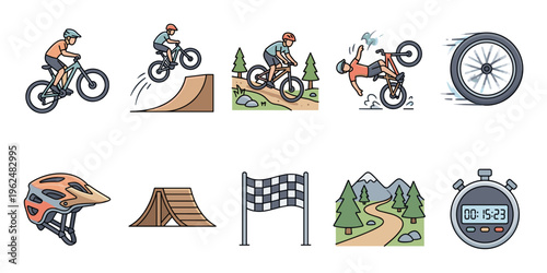 Mountain biking sport elements collection features various activities, equipment, and scenic trails for outdoor adventure enthusiasts.