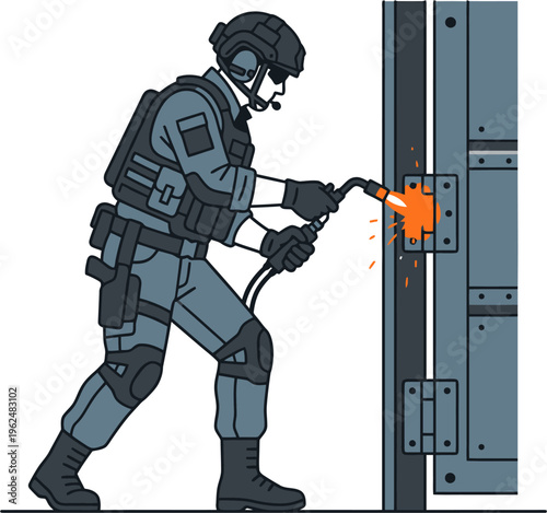 Special forces operator in tactical gear using a thermal cutting torch to breach a metal door hinge.