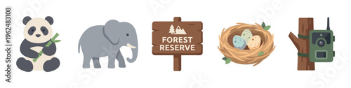 Wildlife conservation elements are depicted in a charming flat design style, illustrating animals, a forest reserve sign, a bird's nest, and a trail camera.