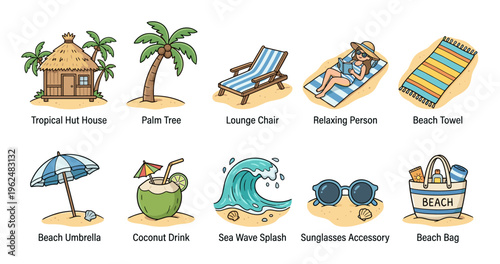 Various beach vacation elements and tropical items are depicted in a colorful cartoon style, perfect for summer holiday designs and travel themes.