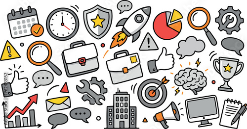 Business and finance doodle vector illustration with analytics charts, growth strategy, startup launch, marketing, communication, and productivity icons