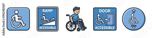 Accessibility icons and symbols representing wheelchair access for people with disabilities, including ramps, doors, and directional indicators.