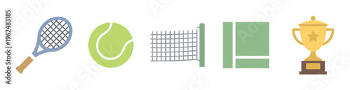 Tennis racket, ball, net, court, and trophy icons are neatly arranged in a row, representing the essential elements of the sport and its achievements.