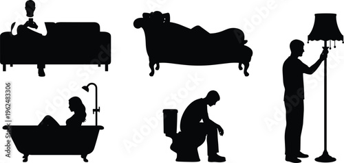 Five people silhouettes showing indoor activities, sitting couch phone, reclining lounge, bathtub relaxing, toilet posture, standing lamp adjustment vector illustration