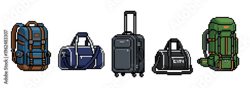 Pixel art travel bags and luggage collection featuring various styles for journeys, sports, and outdoor adventures, rendered in a retro 8-bit game aesthetic.