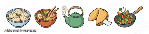 Various delicious Asian food items including dumplings, ramen, teapot, fortune cookie, and stir-fry vegetables in a vibrant cartoon illustration style.