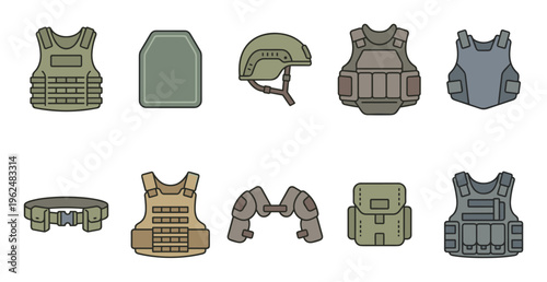 Military tactical protective gear and equipment icons set, featuring various vests, helmets, plates, and accessories designed for combat and security personnel.