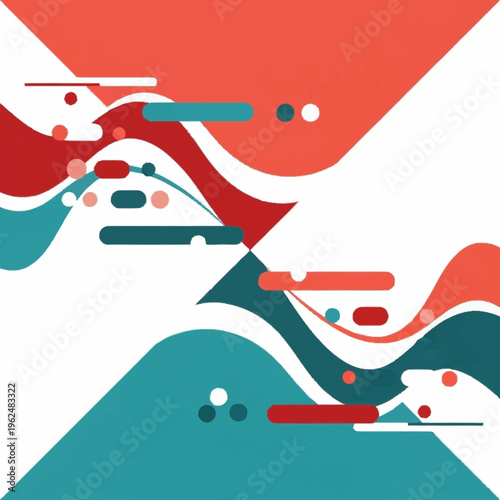 Abstract geometric waves and dots in red, teal, and white, creating a dynamic and modern visual composition.