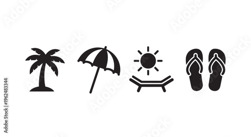 Beach Vacation Icon Set with Palm Tree, Beach Umbrella, Sunbed, and Flip Flops in One Row, Simple Solid Black