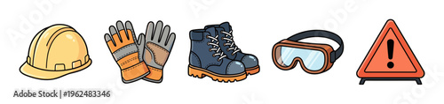 Construction safety equipment and warning sign set featuring a hard hat, gloves, boots, and goggles in a vibrant cartoon illustration style.
