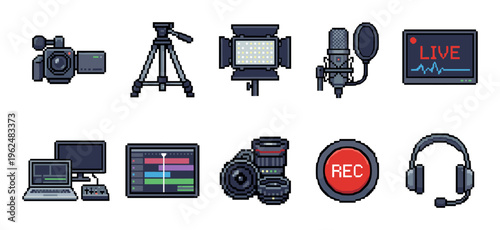 Video production and streaming equipment icons are depicted in a retro pixel art style, representing modern digital content creation tools.