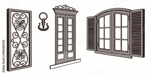 Elegant wrought iron doors and windows with intricate designs and patterns