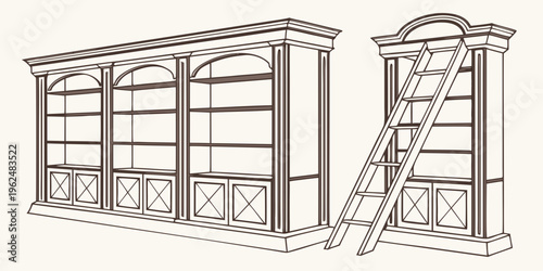 A beautiful set of wooden cabinets with intricate designs and a ladder for access.