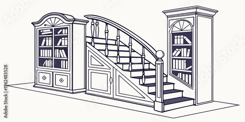 A beautifully designed wooden library with a spiral staircase and shelves filled with books