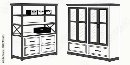 A pair of elegant wooden cabinets with glass doors and shelves for home decor.