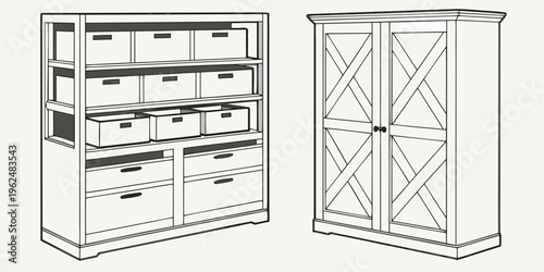 A pair of tall wooden cabinets with multiple drawers and doors
