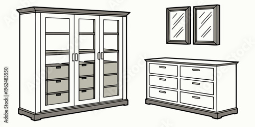A set of white wooden cabinets with glass doors and drawers.