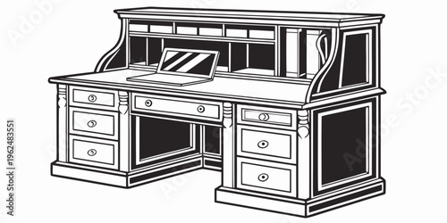 Antique wooden desk with multiple drawers and a hutch for storage and organization