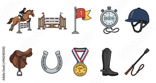 Equestrian sport competition equipment collection featuring a jumping horse, saddle, helmet, medal, stopwatch, and other essential items for show jumping.